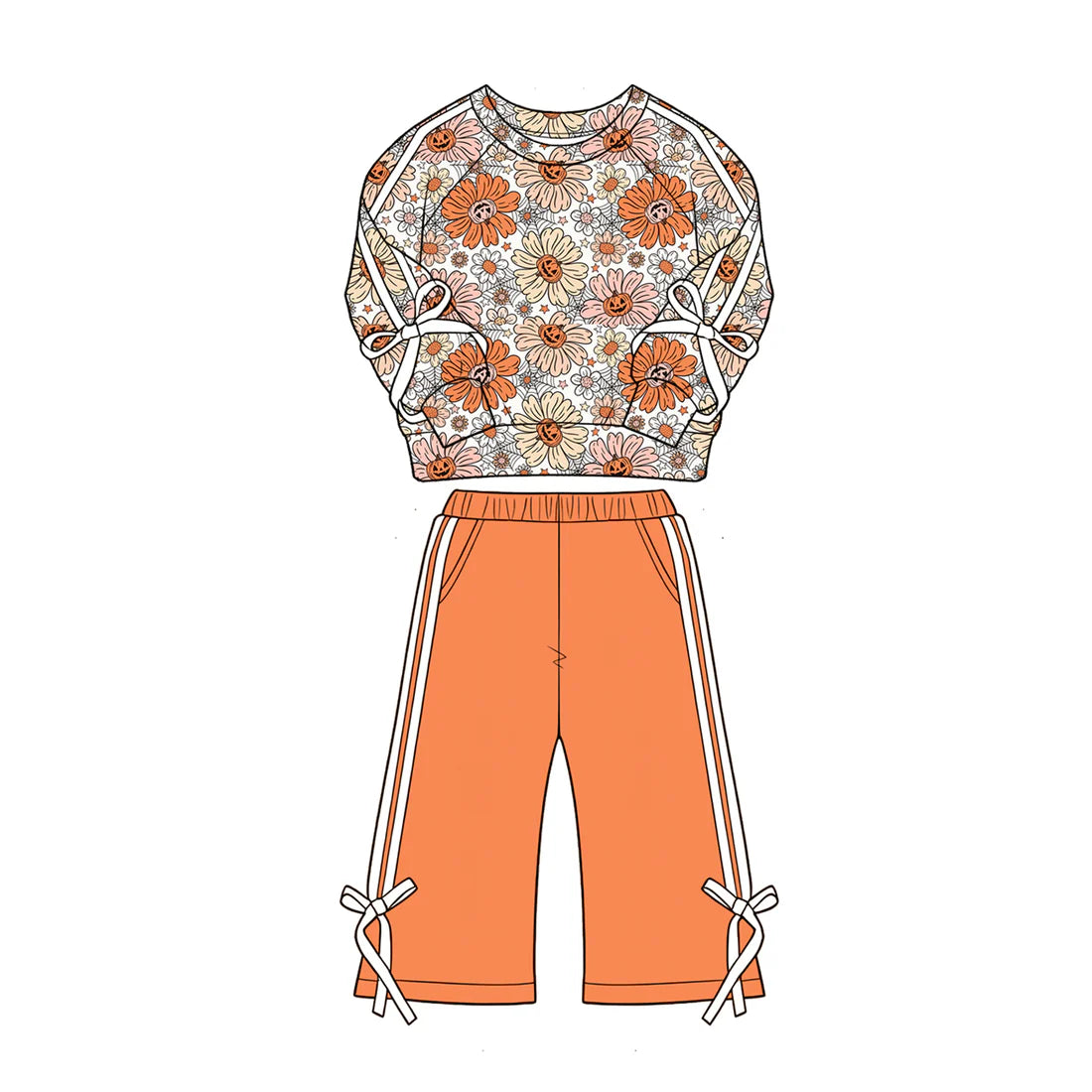 ( Moq 5 ) Preorder Baby Girls Kids Halloween Pumpkins Flower Bows Shirt Pockets Orange Pants Set