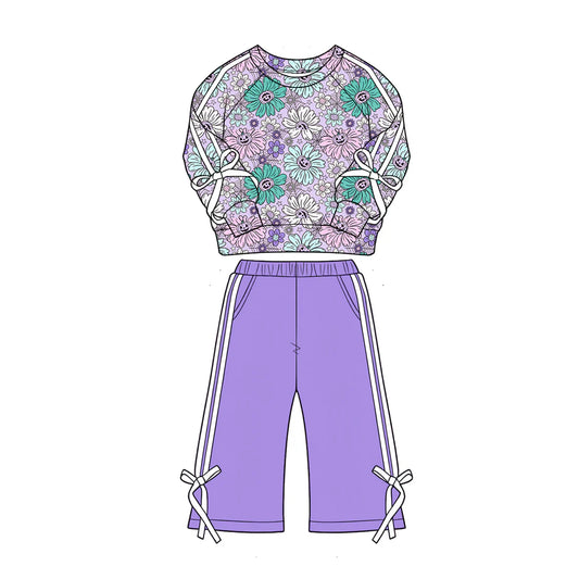 ( Moq 5 ) Preorder Baby Girls Kids Halloween Pumpkins Flower Bows Shirt Pockets Purple Pants Set