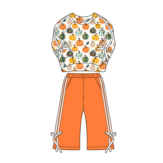 ( Moq 5 ) Preorder Baby Girls Kids Pumpkins Shirt Pockets Orange Pants Set Fall Clothes