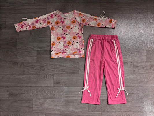 ( No moq ) Preorder Baby Girls Kids Halloween Ghost Pumpkins Bows Shirt Pockets Pink Pants Set