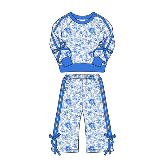 ( Moq 5 ) Preorder Baby Girls Kids Flower Blue Bows Shirt Pockets Pants Set Clothes