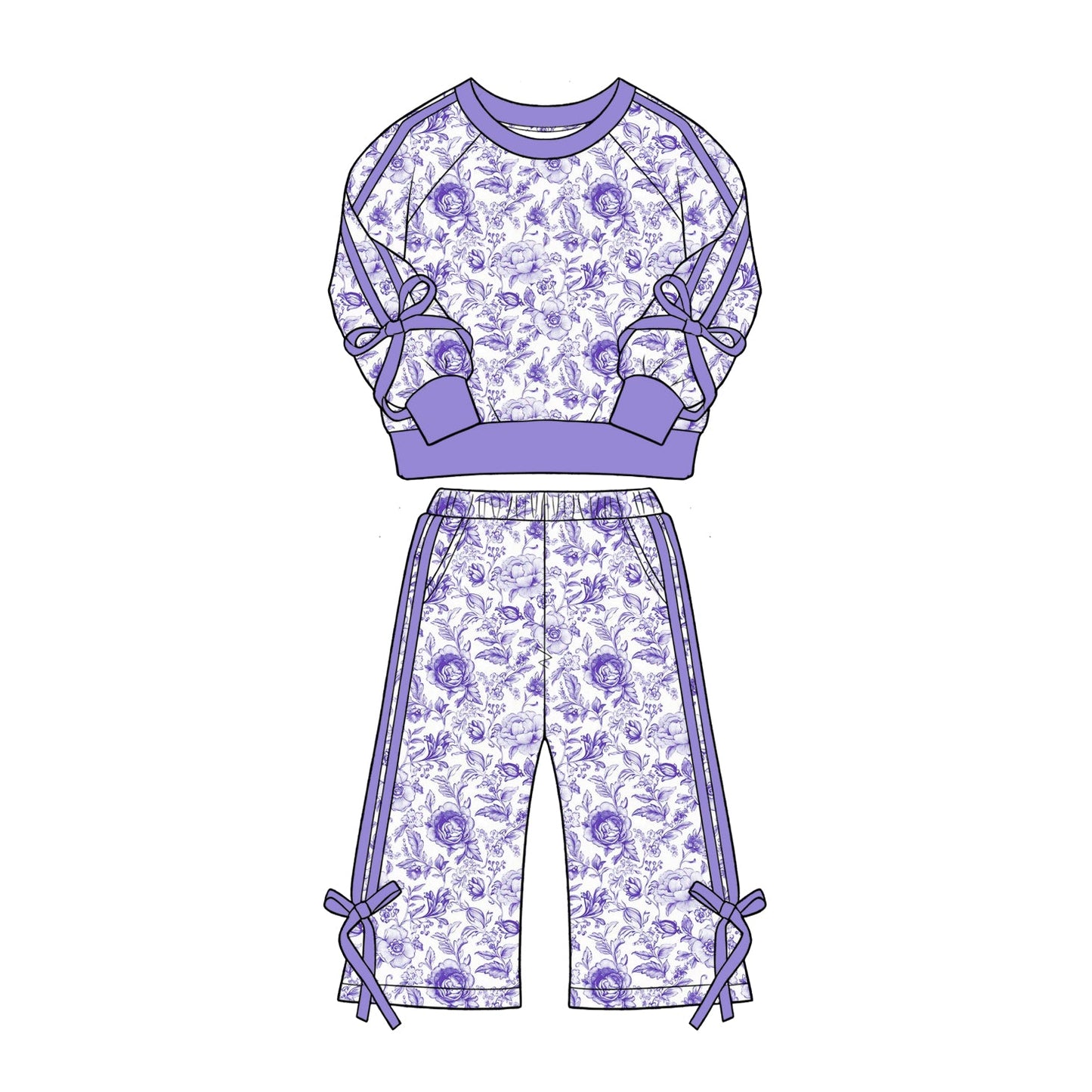 ( Moq 5 ) Preorder Baby Girls Kids Flower Purple Bows Shirt Pockets Pants Set Clothes