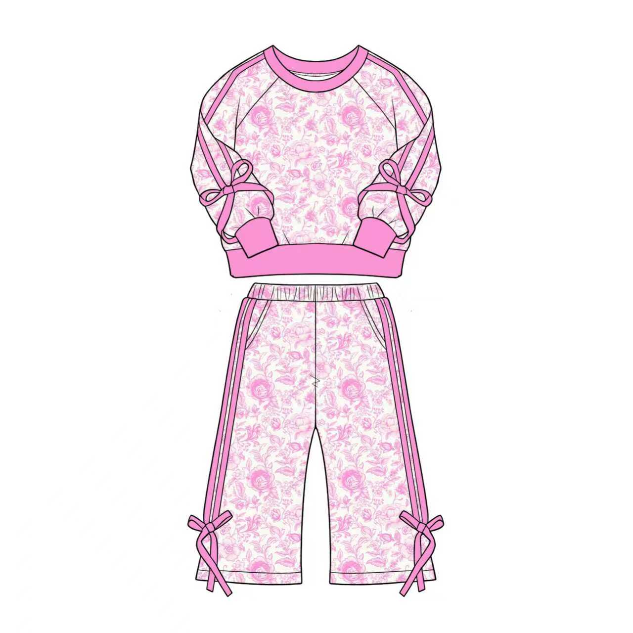 ( Moq 5 ) Preorder Baby Girls Kids Flower Pink Bows Shirt Pockets Pants Set Clothes