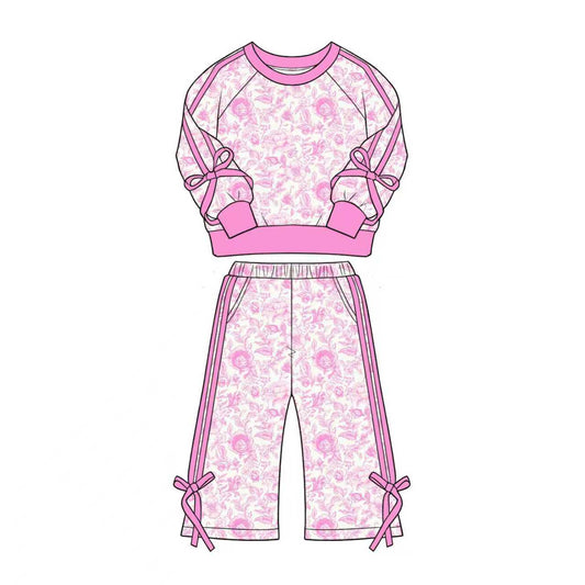 ( Moq 5 ) Preorder Baby Girls Kids Flower Pink Bows Shirt Pockets Pants Set Clothes