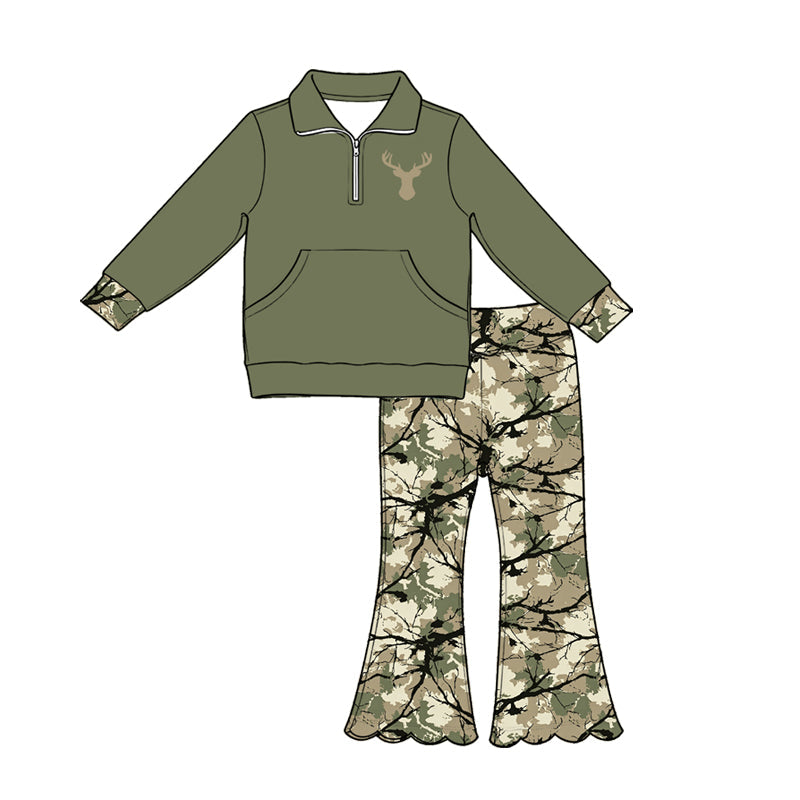 ( Moq 5 ) Preorder Baby Girls Kids Deer Pocket Zipper Shirt Scallop Leaves Pants Green Set Clothes