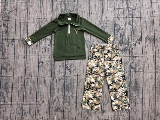 ( No moq ) Preorder Baby Girls Kids Embroidery Deer Pocket Zipper Shirt Scallop Leaves Pants Green Set Clothes