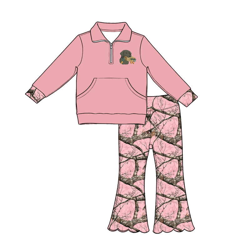 ( Moq 5 ) Preorder Baby Girls Kids Dog Duck Pocket Zipper Pink Shirt Scallop Camo Pants Set Clothes