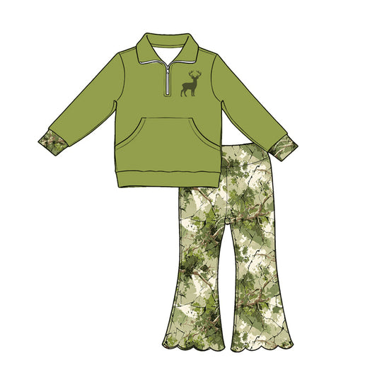 ( Moq 5 ) Preorder Baby Girls Kids Deer Pocket Zipper Green Shirt Scallop Leaves Pants Set Clothes