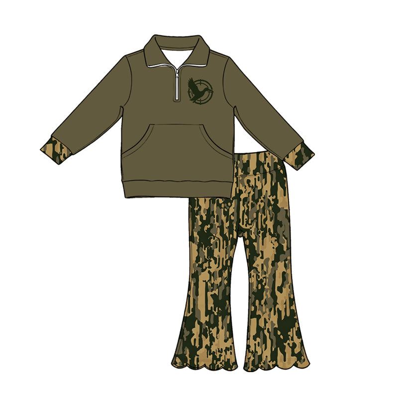 ( Moq 5 ) Preorder Baby Girls Kids Duck Pocket Zipper Green Shirt Scallop Camo Pants Set Clothes