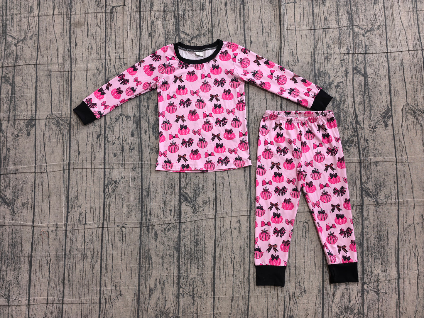 ( No moq ) Preorder Baby Girls Pumpkins Bows Shirt Pants Set Fall Pajamas Pink Clothes