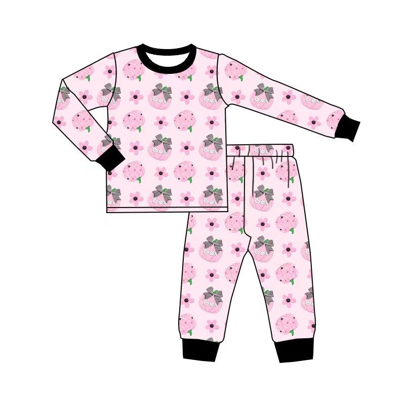 ( Moq 5 ) Preorder Baby Girls Pumpkins Bows Flower Shirt Pants Set Fall Pajamas Pink Clothes