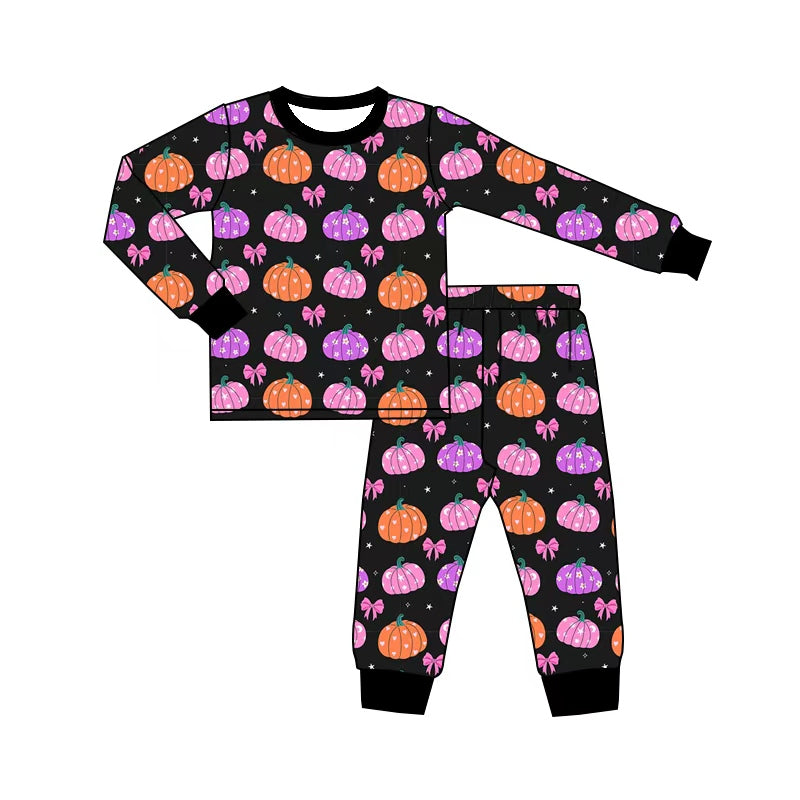 ( Moq 5 ) Preorder Baby Girls Kids Pumpkins Bows Shirt Pants Set Halloween Pajamas Clothes