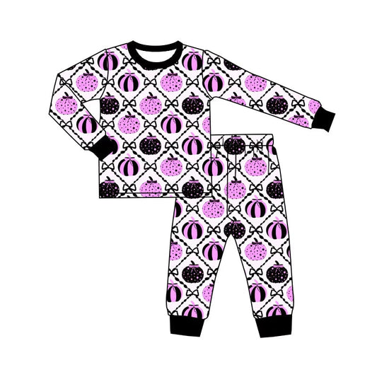 ( Moq 5 ) Preorder Baby Girls Pumpkins Bows Shirt Pants Set Halloween Pajamas Pink Clothes