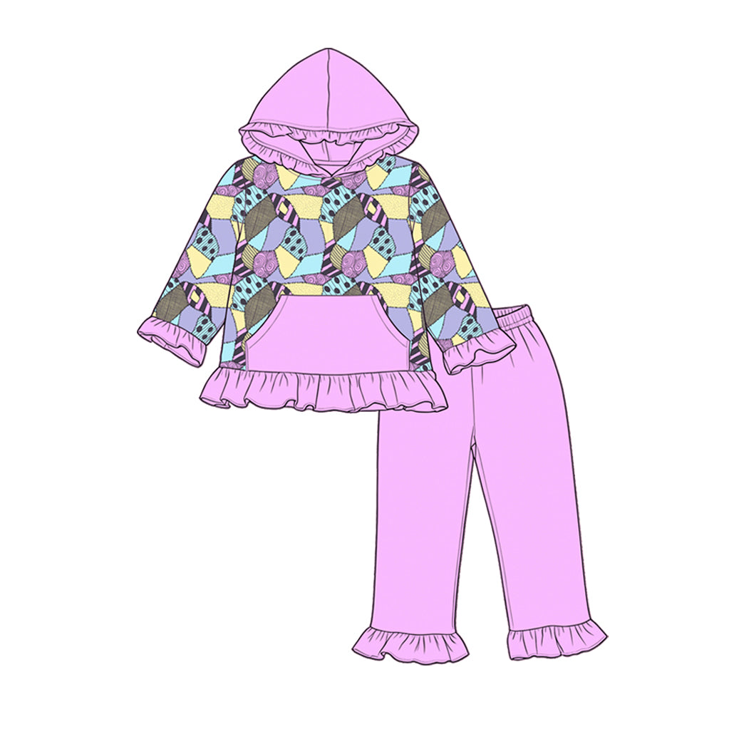 ( Moq 5 ) Preorder Baby Girls Kids Long Sleeves Halloween Hoodie Ruffle Tops Purple Pants Set Clothes