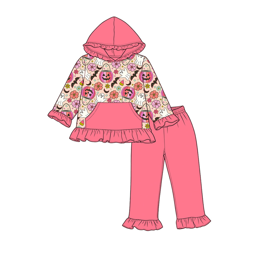 ( Moq 5 ) Preorder Baby Girls Kids Pumpkins Ghosts Flower Halloween Hoodie Ruffle Tops Pants Set Clothes