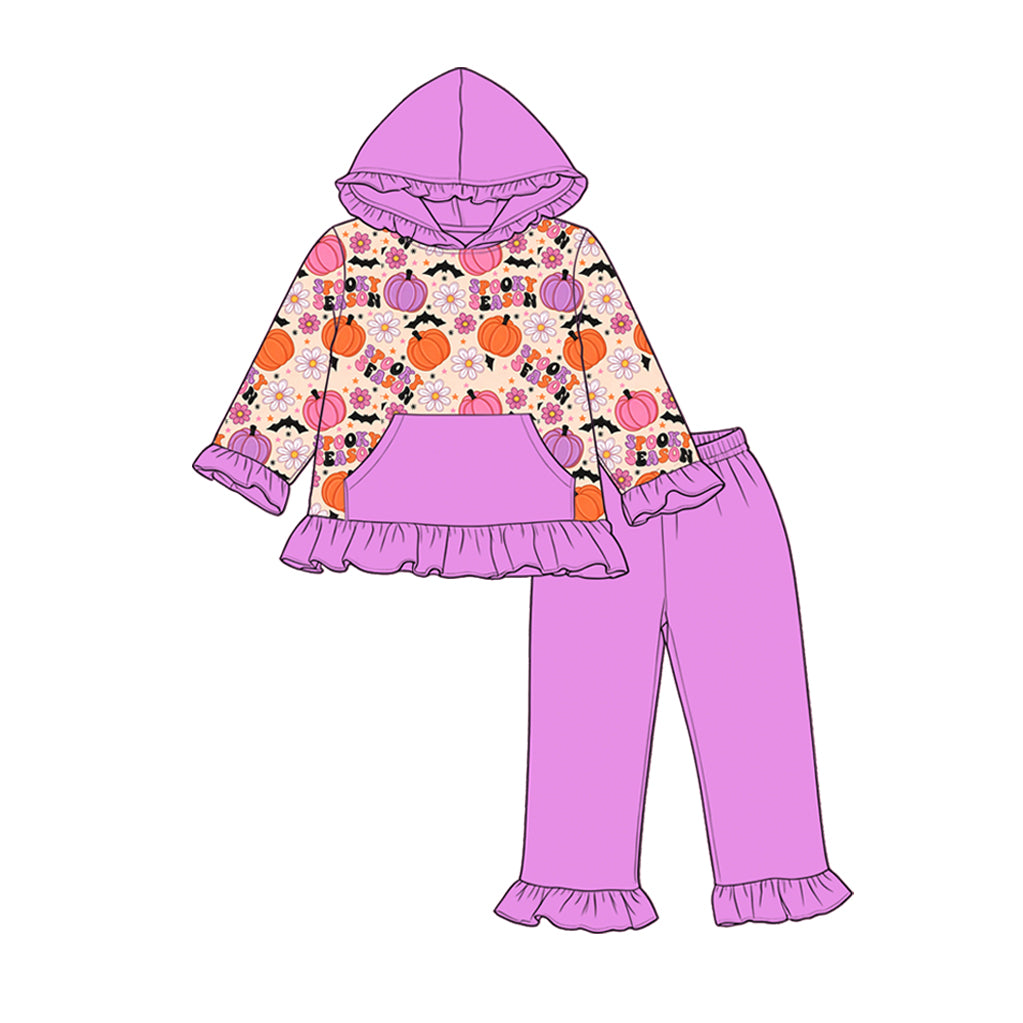 ( Moq 5 ) Preorder Baby Girls Kids Pumpkins Flower Halloween Hoodie Ruffle Tops Pants Set Clothes