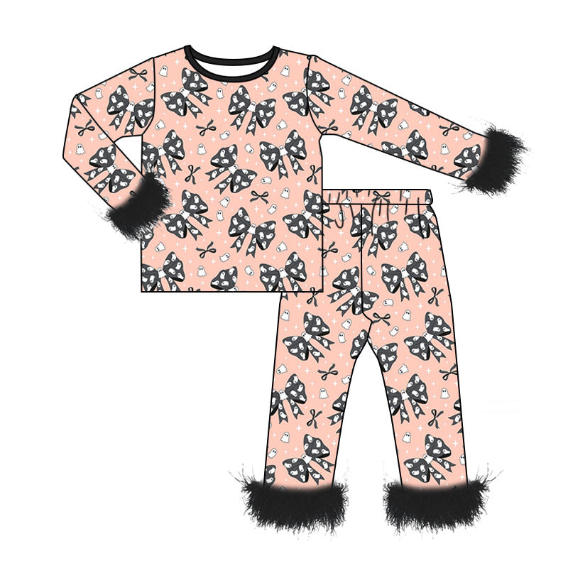 ( Moq 5 ) Preorder Baby Girls Kids Fur Long Sleeves Ghosts Bows Shirt Pants Set Halloween Pajamas Clothes
