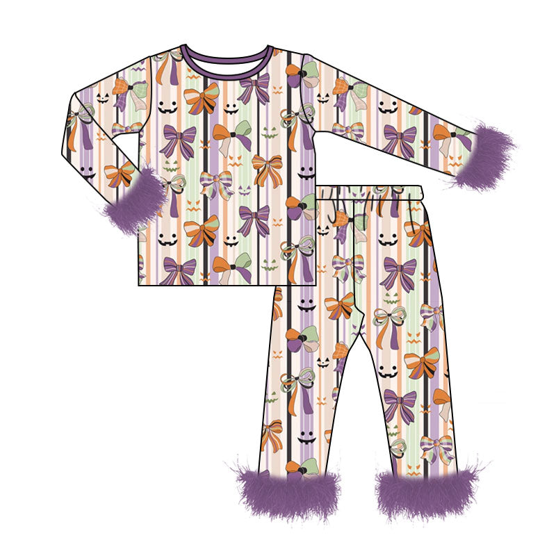 ( Moq 5 ) Preorder Baby Girls Kids Bows Shirt Purple Fur Pants Set Halloween Pajamas Clothes