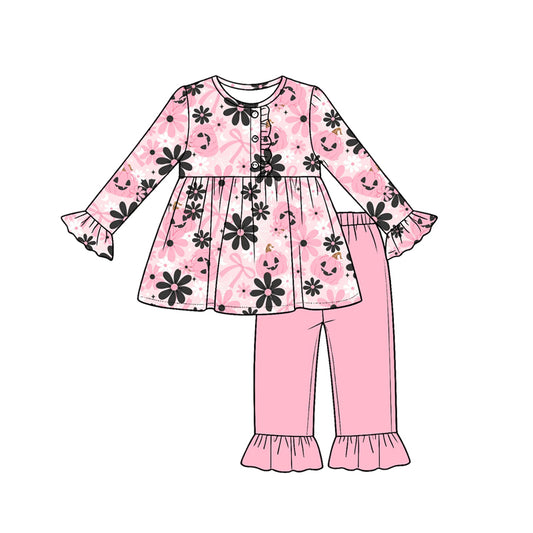 ( Moq 5 ) Preorder Baby Girls Kids Long Sleeves Pumpkins Bows Flower Tunic Pants Set Fall Clothes