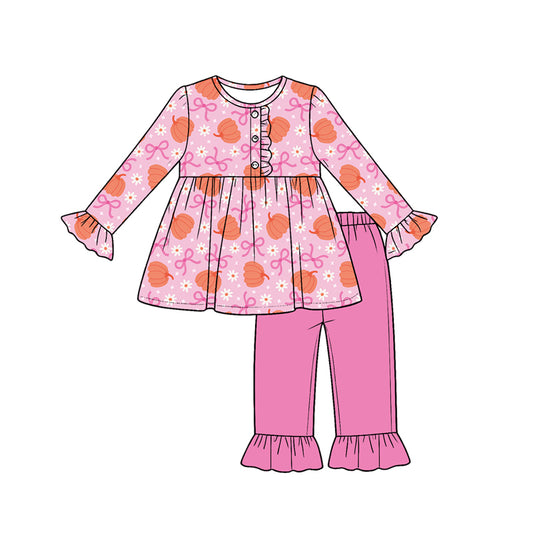 ( Moq 5 ) Preorder Baby Girls Kids Pumpkins Bows Flower Tunic Pink Pants Set Fall Clothes