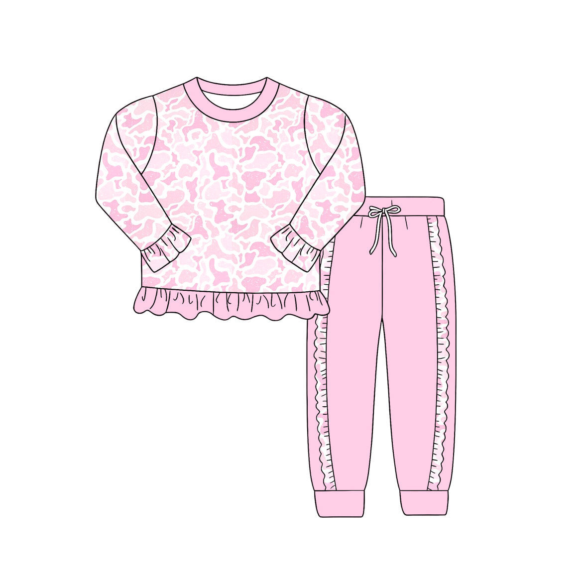 ( Moq 5 ) Preorder Baby Girls Kids Long Sleeves Camo Shirt Pink Ruffle Pants Set Clothes