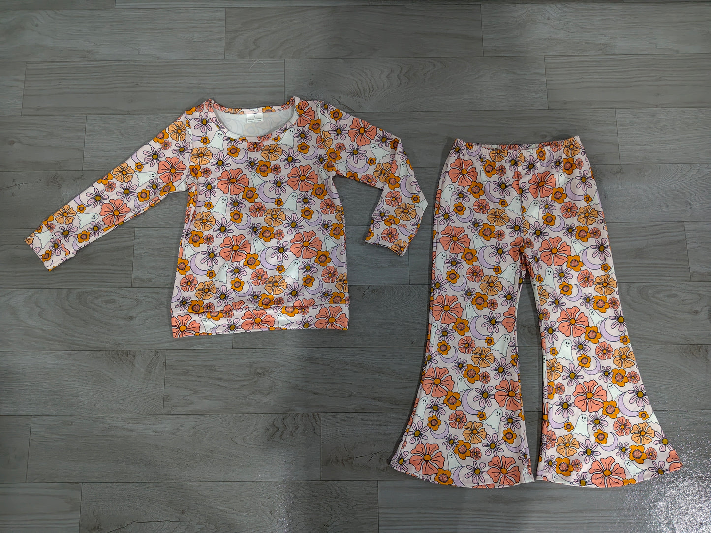 ( No moq ) Preorder Baby Girls Kids Long Sleeves Flower Shirt Bell Pants Set Clothes
