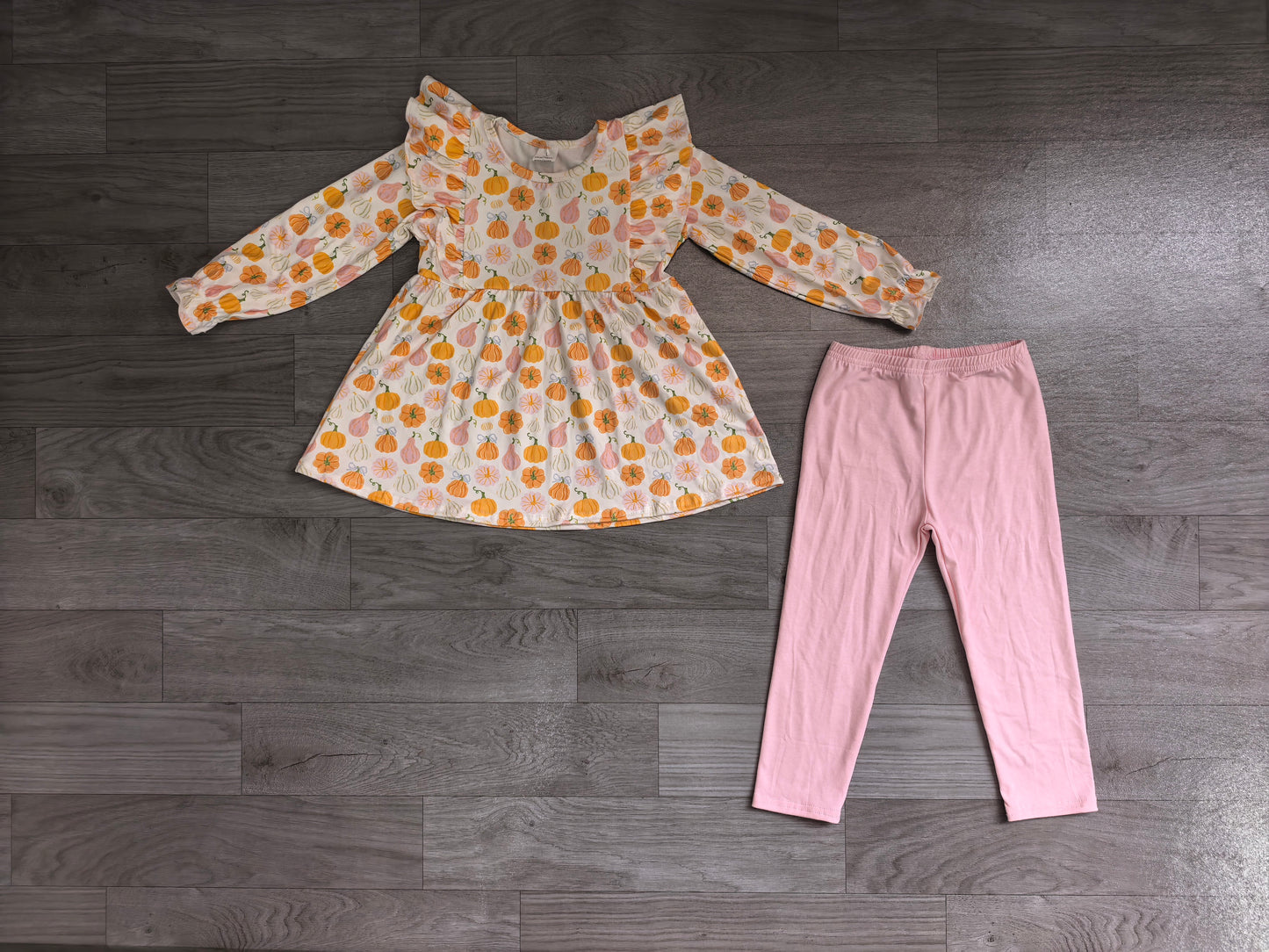 ( No moq ) Preorder Baby Girls Kids Pumpkins Bows Tunic Pink Leggings Pants Fall Set Clothes