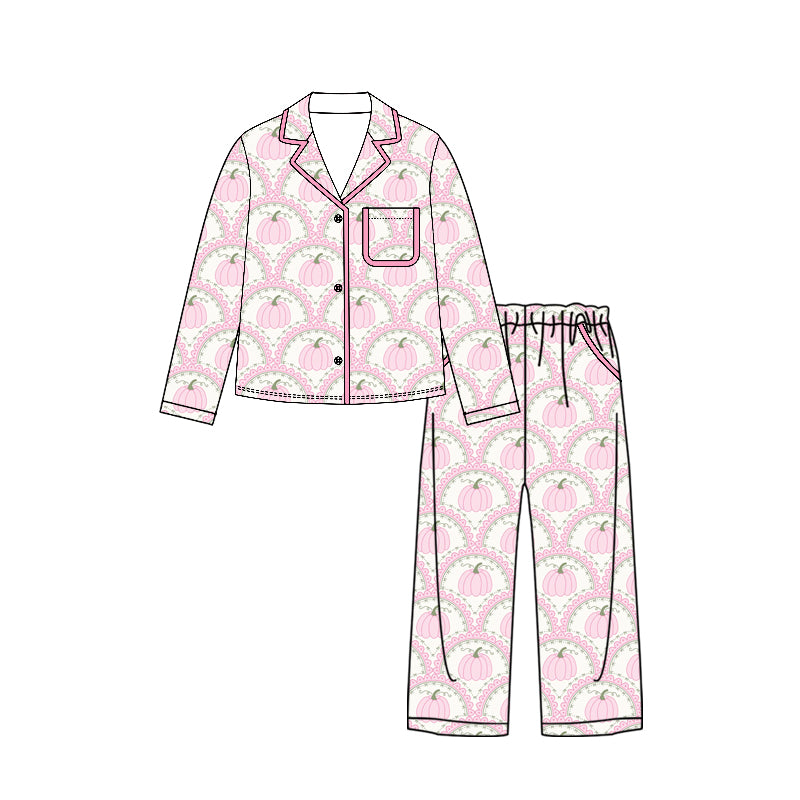 ( Moq 5 ) Preorder Adult Women Pumpkins Buttons Shirt Pockets Pants Pajamas Pink Set Fall Clothes