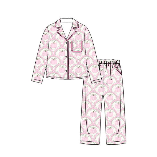 ( Moq 5 ) Preorder Adult Women Pumpkins Buttons Shirt Pockets Pants Pajamas Pink Set Fall Clothes