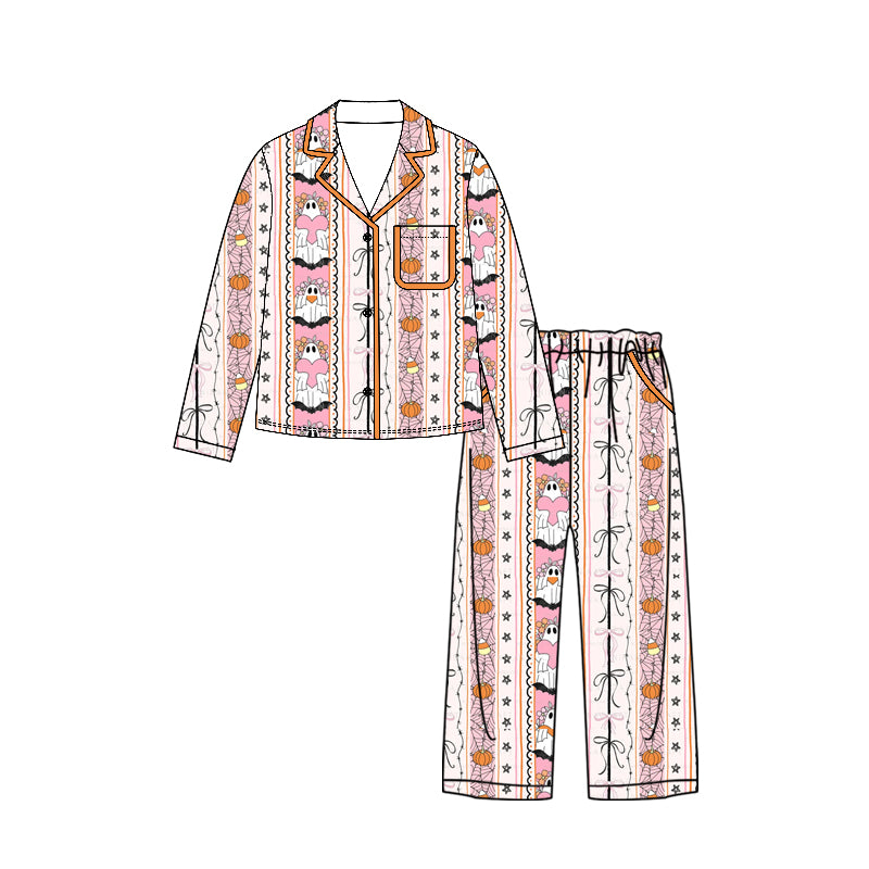 ( Moq 5 ) Preorder Adult Women Halloween Ghosts Pumpkins Bows Buttons Shirt Pockets Pants Pajamas Set Clothes