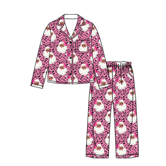 ( Moq 5 ) Preorder Adult Women Christmas Santa Leopard Buttons Shirt Pockets Pants Pajamas Set Clothes