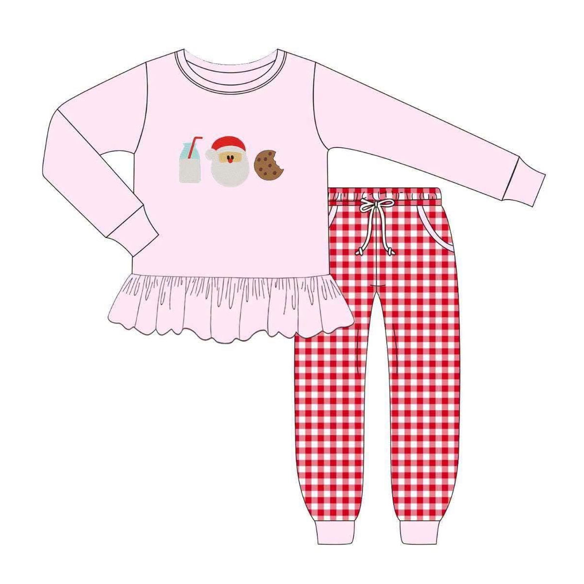 ( Moq 5 ) Preorder Baby Girl Kids Santa Cookie Christmas Pink Shirt Plaid Pockets Pants Set Clothes