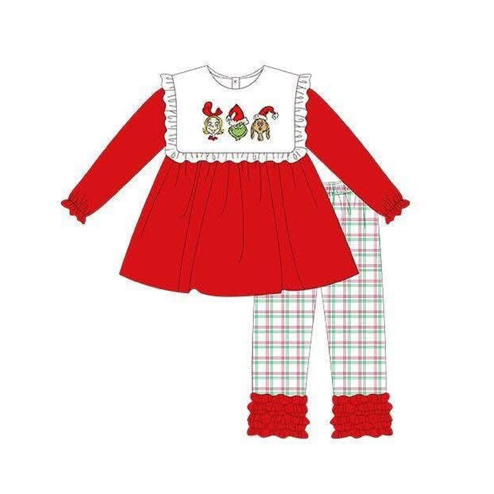 ( Moq 5 ) Preorder Baby Girls Kids Christmas Green Face Tunic Plaid Ruffle Pants Set Clothes