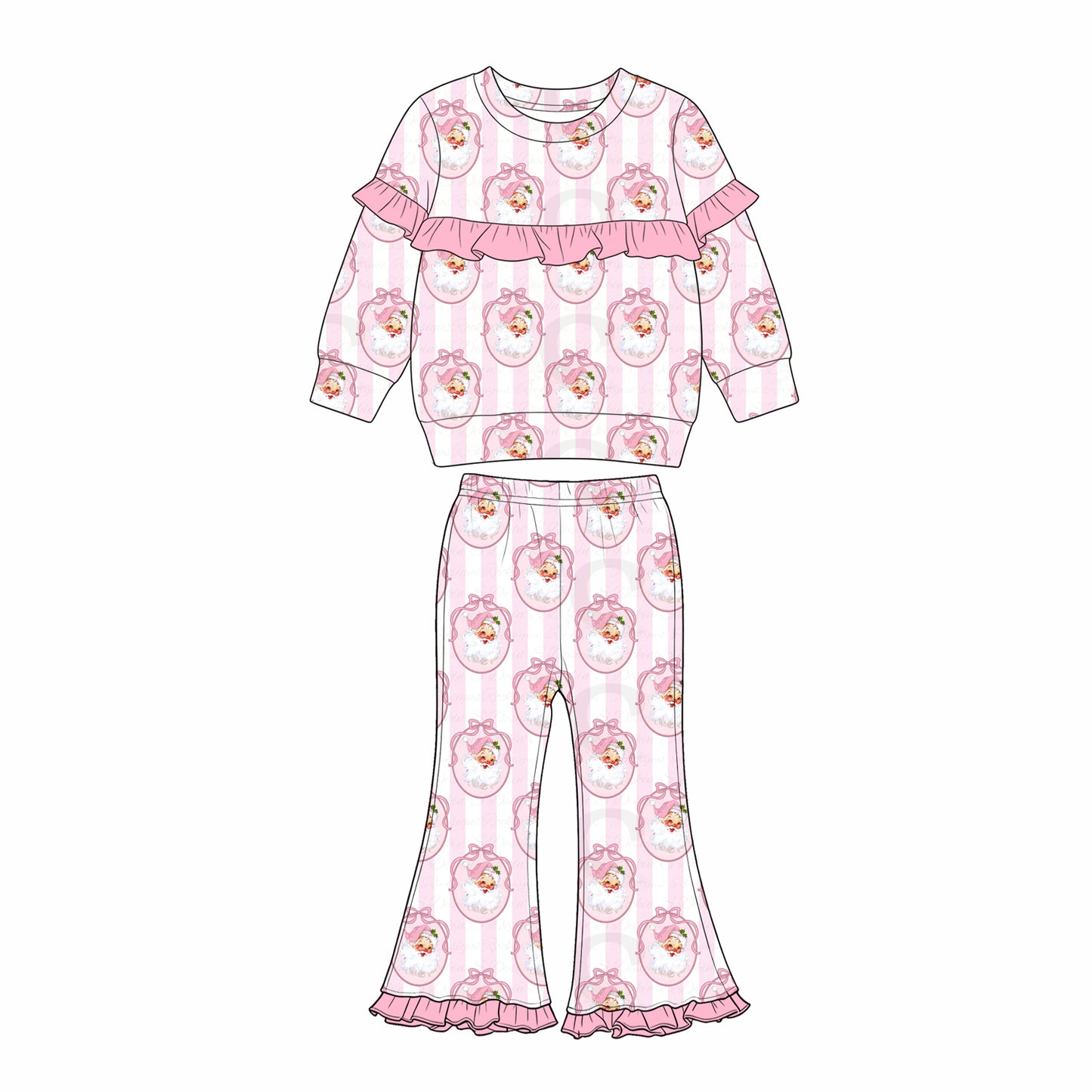 ( Moq 5 ) Preorder Baby Girls Kids Christmas Santa Bows Ruffle Shirt Bell Pants Pink Set Clothes