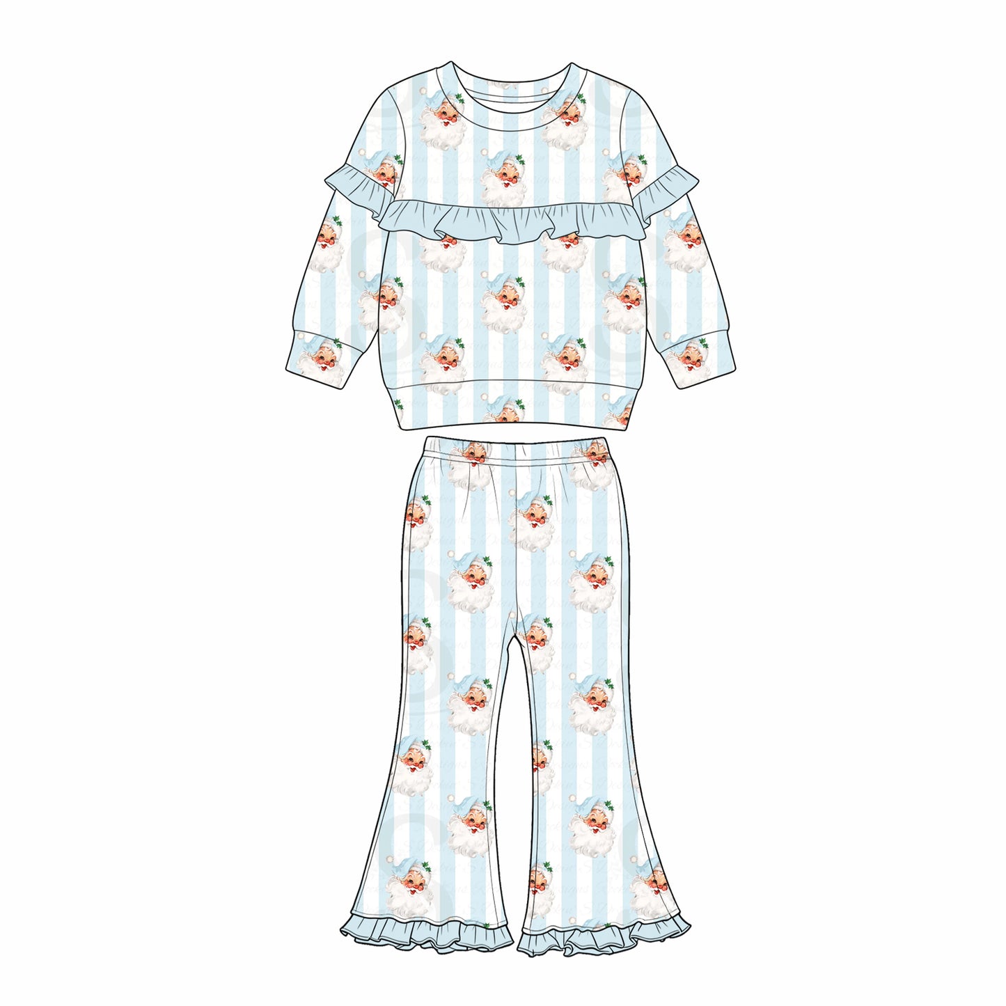 ( Moq 5 ) Preorder Baby Girls Kids Christmas Santa Blue Ruffle Shirt Bell Pants Set Clothes
