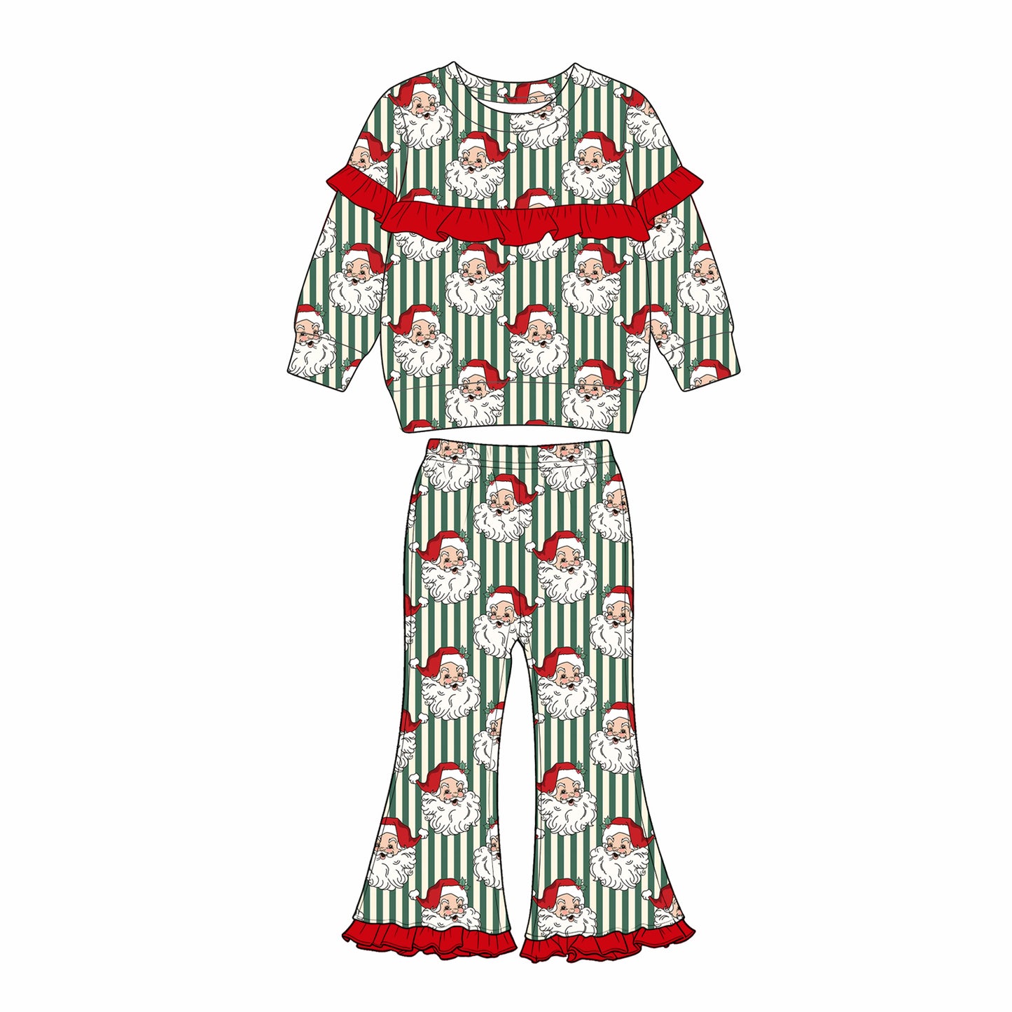 ( Moq 5 ) Preorder Baby Girls Kids Christmas Santa Stripes Ruffle Shirt Bell Pants Set Clothes