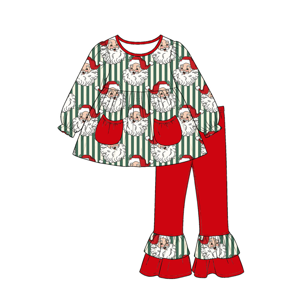 ( Moq 5 ) Preorder Baby Girl Kids Christmas Santa Stripes Pockets Tunic Red Ruffle Pants Set Clothes