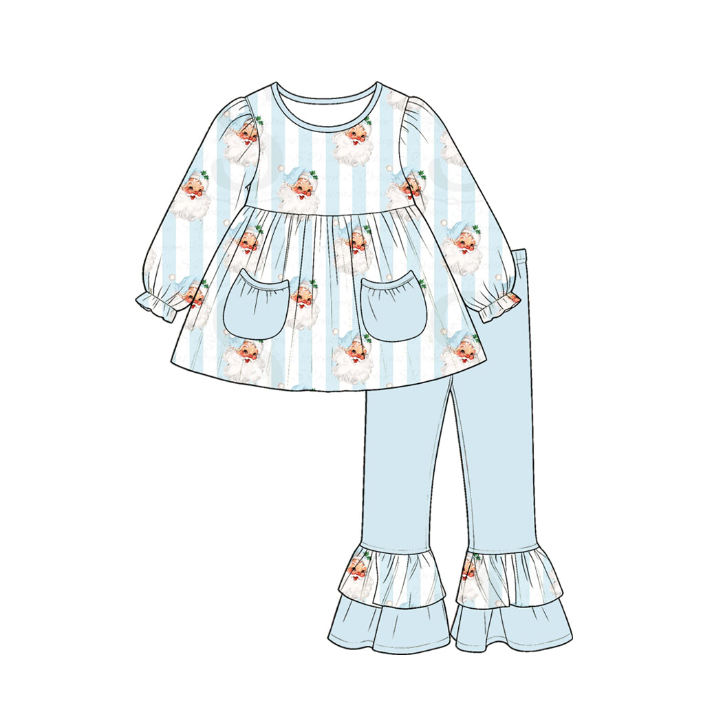 ( Moq 5 ) Preorder Baby Girl Kids Christmas Santa Stripes Pockets Tunic Blue Ruffle Pants Set Clothes