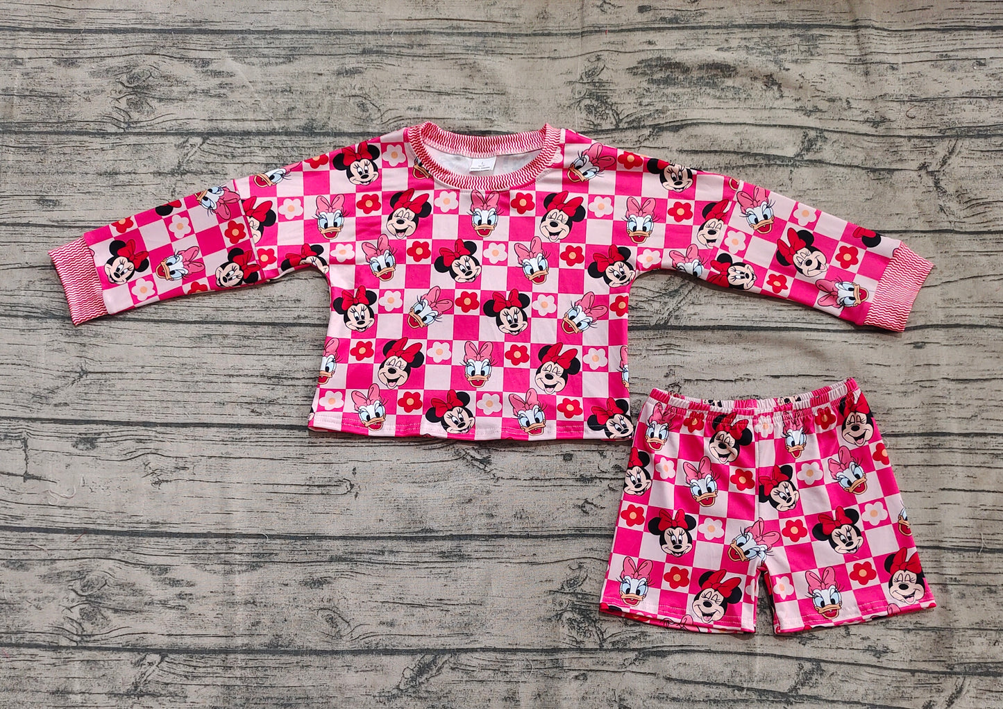 Baby Girl Long Sleeves Mouse Flower Checked Shirt Shorts Cartoon Set RTS