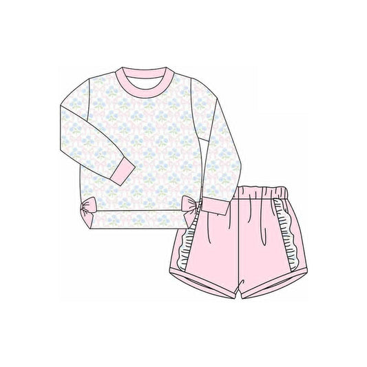 ( Moq 5 ) Preorder Girls Kids Flower Bows Shirt Pink Ruffle Shorts Clothes Set