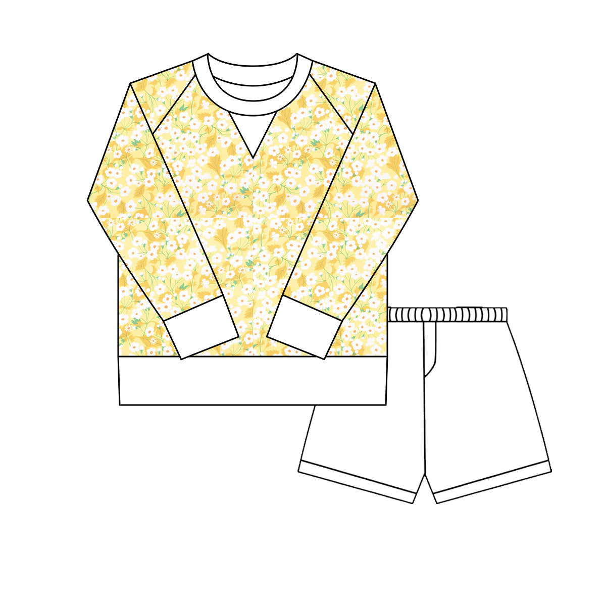 ( Moq 5 ) Preorder Girls Kids Long Sleeves Yellow Flower Shirt White Shorts Yoga Active Set