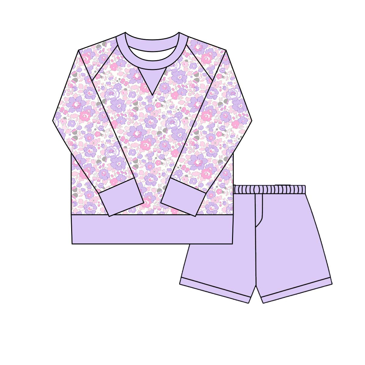 ( Moq 5 ) Preorder Girls Kids Long Sleeves Flower Shirt Purple Shorts Yoga Active Set