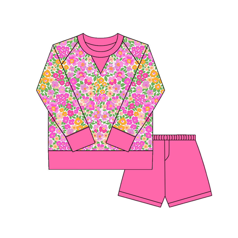 ( Moq 5 ) Preorder Girls Kids Long Sleeves Flower Shirt Hot Pink Shorts Yoga Active Set