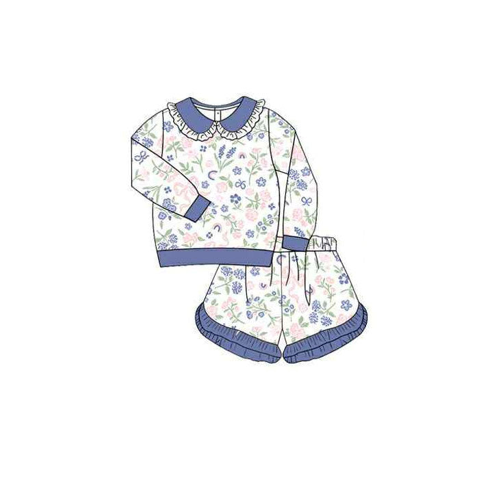 ( Moq 5 ) Preorder Baby Girls Long Sleeve Flower Bows Ruffle Shirt Shorts Clothes Set