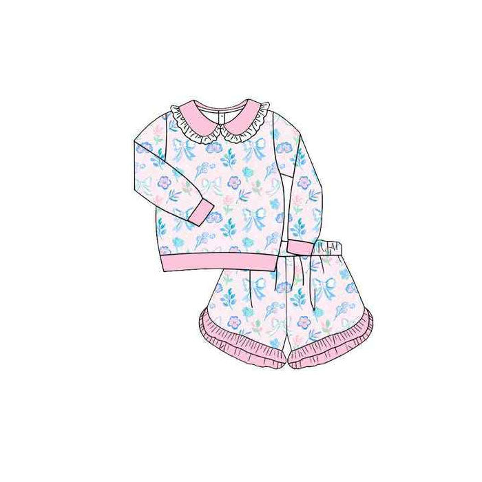 ( Moq 5 ) Preorder Baby Girls Long Sleeve Flower Bows Shirt Ruffle Shorts Pink Clothes Set