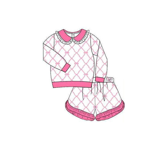 ( Moq 5 ) Preorder Baby Girls Long Sleeve Pink Bows Shirt Ruffle Shorts Clothes Set