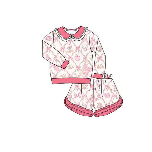 ( Moq 5 ) Preorder Baby Girls Long Sleeve Bows Ruffle Shirt Shorts Clothes Set