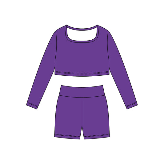 ( Moq 5 ) Preorder Baby Girls Purple Long Sleeves Shirt Shorts Yoga Active Clothes Set