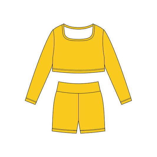 ( Moq 5 ) Preorder Baby Girls Yellow Long Sleeves Shirt Shorts Yoga Active Clothes Set