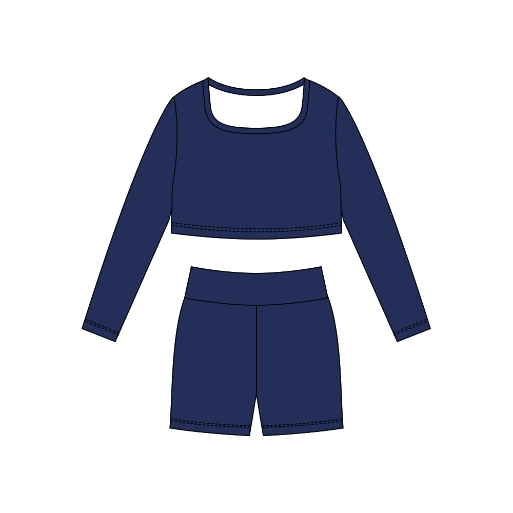 ( Moq 5 ) Preorder Baby Girls Navy Long Sleeves Shirt Shorts Yoga Active Clothes Set